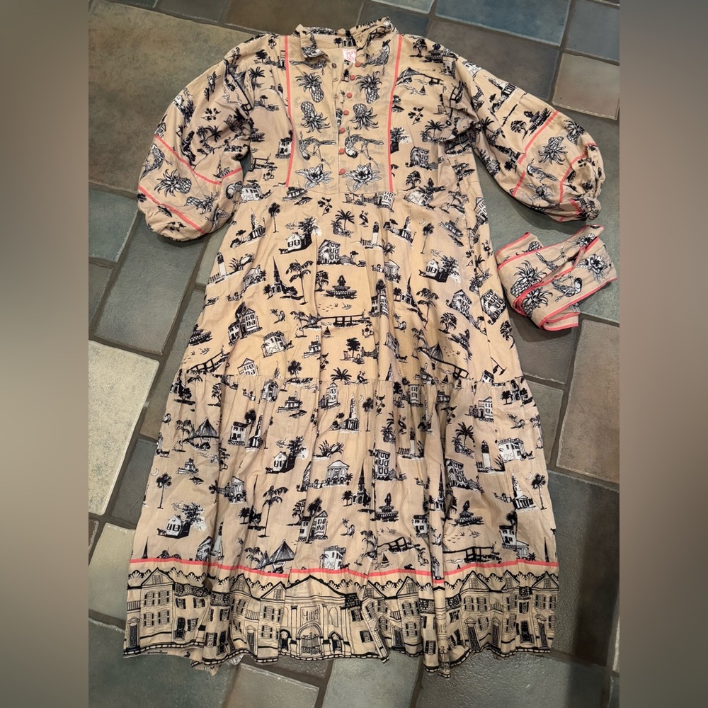 Sue Sartor/Katie Kime  
Pinky Beige flounce dress w/ salmon Accents